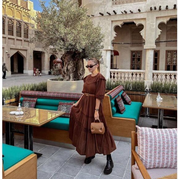 Zara Openwork Cotton Embroidered Brown Dress New - Picture 3 of 8